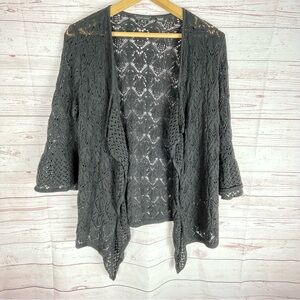 Jeanne Pierre Black Crochet Knit Open Cardigan Sz M Bell Sleeve Boho Festival